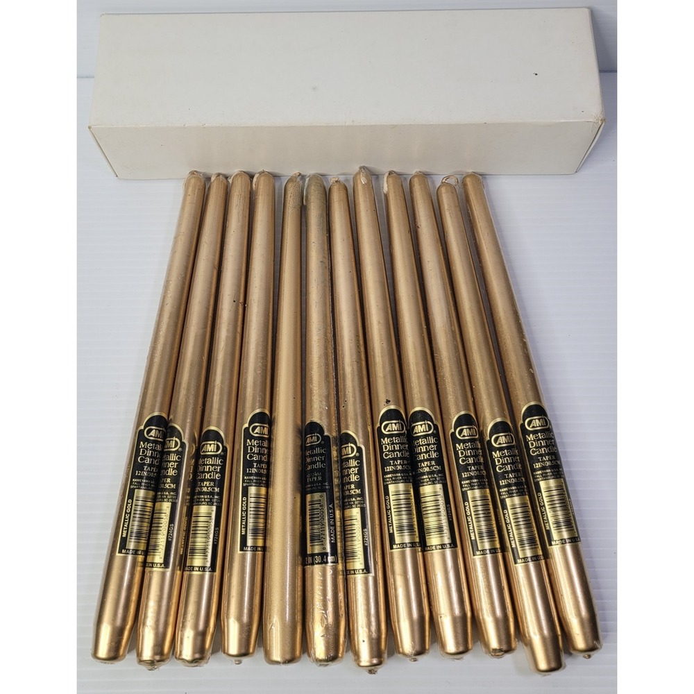 VTG Lot Of 12 AMI Metallic Gold Taper Dinner Candles 12" USA Wedding Holiday NEW